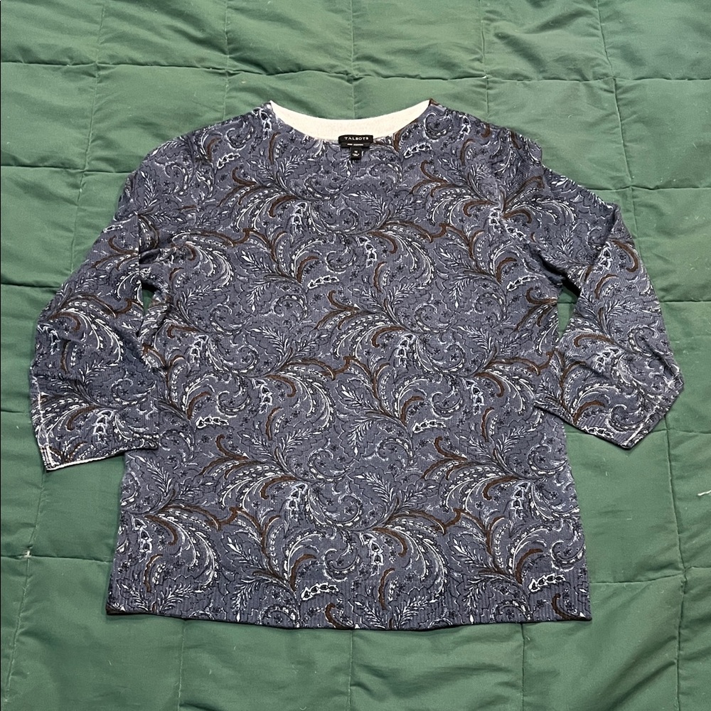 Talbots Cashmere Paisley Sweater - Blue and Cream